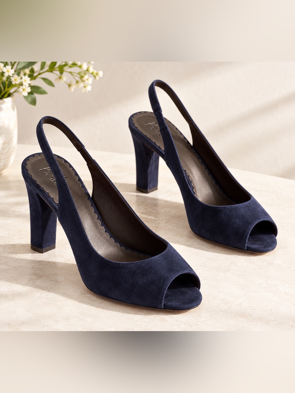 Boden Navy Suede Peep-Toe Slingback Heels